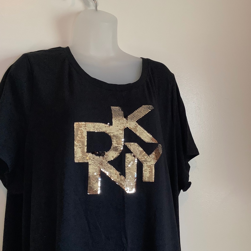 DKNY Womens Black Gold Sequin Logo T-Shirt Dress Size 2X Plus Short Sleeve Shift - Picture 2 of 10